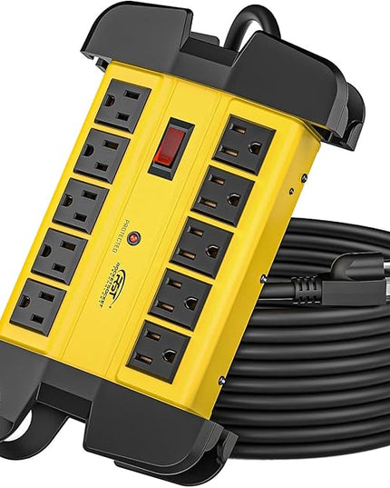 CRST 10-Outlets Heavy Duty Power Strip Metal Surge Protector with 15 Amps, 15-Foot Power Cord 2800 Joules for Garden, Kitchen, Office, School, ETL Listed(3165047) (10-Outlet, Yellow)