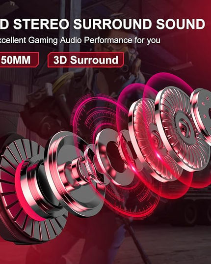 PHOINIKAS PS4 Gaming Headset with 7.1 Surround Sound, PC Headset with Noise Canceling Mic & LED Light, H3 Over Ear Headphones for Nintendo Switch, PS5, Xbox One, Laptop (Red)