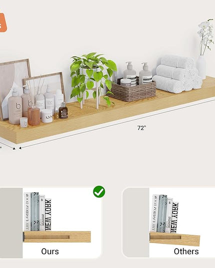 Heimlove 12 Inch Deep Floating Shelves, 72 x 12 inches Long Wall Shelf, Large Extra Display Shelf & Storage Shelf, Rustic Wood Wall Shelves for Fireplace Mantel, Oak - 1Pack