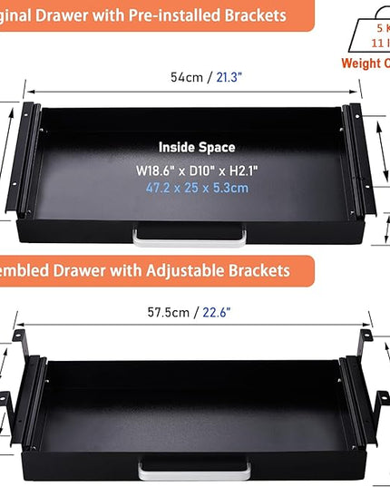 OSteed Under Desk Drawer Organizer 21" Black Upgraded with Adjustable Brackets, Sliding Pull-Out Under Table Pencil Drawer, Office Standing Desk Attachment for Workbench