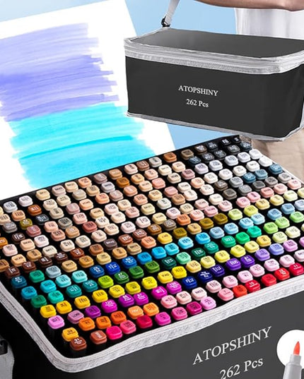 Alcohol Markers 262 Colors Drawing Pens Set Dual Tip Permanent Art Markers for Kids and Adult Gifts -262 Black shell Refillable