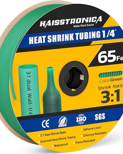 haisstronica 3:1 Heat Shrink Tubing, Shrink Ratio Adhesive Lined Marine Grade Heat Shrink Tube for Home, Automotive and Industrial (Green) 65FT 1/4inch
