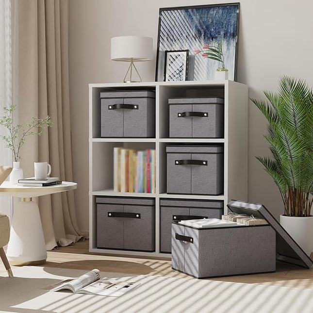 Storage Boxes with Lids, Decorative Linen Storage Bins for Shelves, Fabric Closet Organizer with Handles, Gray, 16.5 x 11.8 x 10.2 Inch, 3-Pack