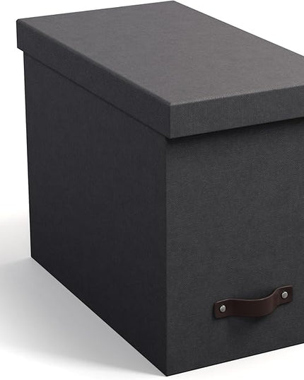 Bigso John Desktop File Box - Storage Solution and Document Organizer for Important Paperwork - Durable Hanging File Box with Lid and Leather Handle - 7.36 in x 13.26 in x 10.51 in - Black