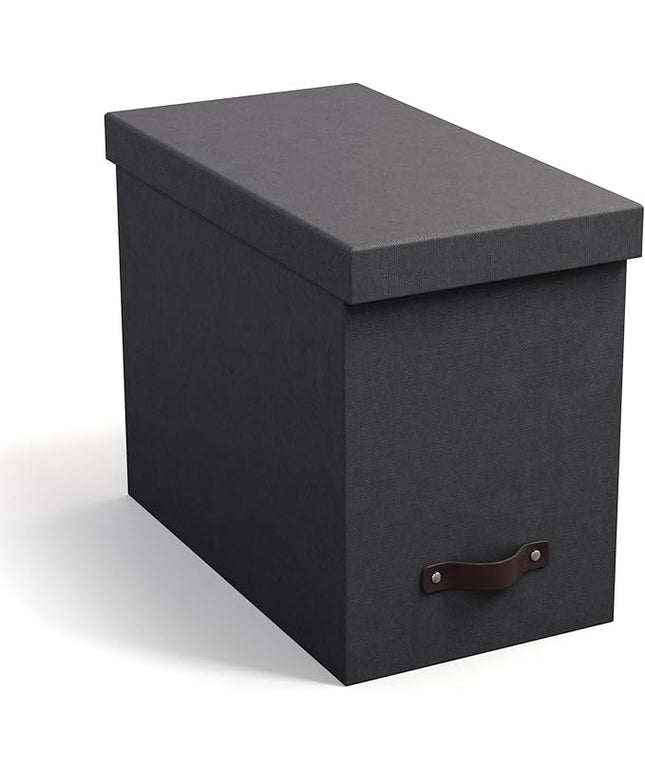 Bigso John Desktop File Box - Storage Solution and Document Organizer for Important Paperwork - Durable Hanging File Box with Lid and Leather Handle - 7.36 in x 13.26 in x 10.51 in - Black
