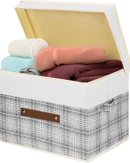 TYEERS Collapsible Storage Bins with Lids, Patchwork Design, Washable, Fabric Storage Boxes, 14.9x9.8x9.8 inches, 5 Pack, Gray