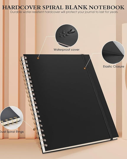 Blank Spiral Notebook Journal 8.5” x 11”, A4 Large Sketch Book for Women Men, 100 GSM Blank Paper Drawing Notebook, Plastic Hardcover Spiral Bound Sketchbook for Sketching Work School Writing, Black