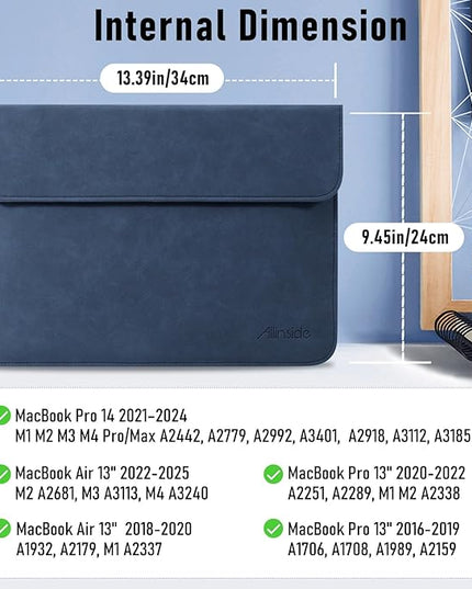 Allinside 13 Inch Laptop Sleeve Case for MacBook Air 13 2018-2025/MacBook Pro 13 2016-2022/Macbook Pro 14 2021-2024, Waterproof Matte PU Leather Horizontal Envelope Protective Case Cover, Navy Blue