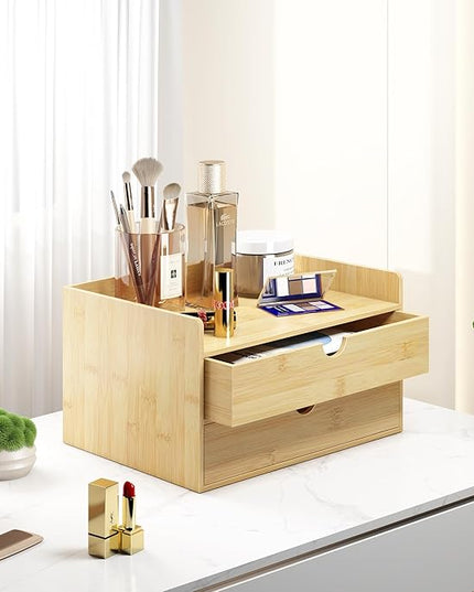 Bamboo Desk Organizer with Drawers Desktop Storage Drawers for Bills Office Supplies Kitchen Utensils Organizing Tool for Home Classroom Organization No Assembly (Nature 2 Drawer)