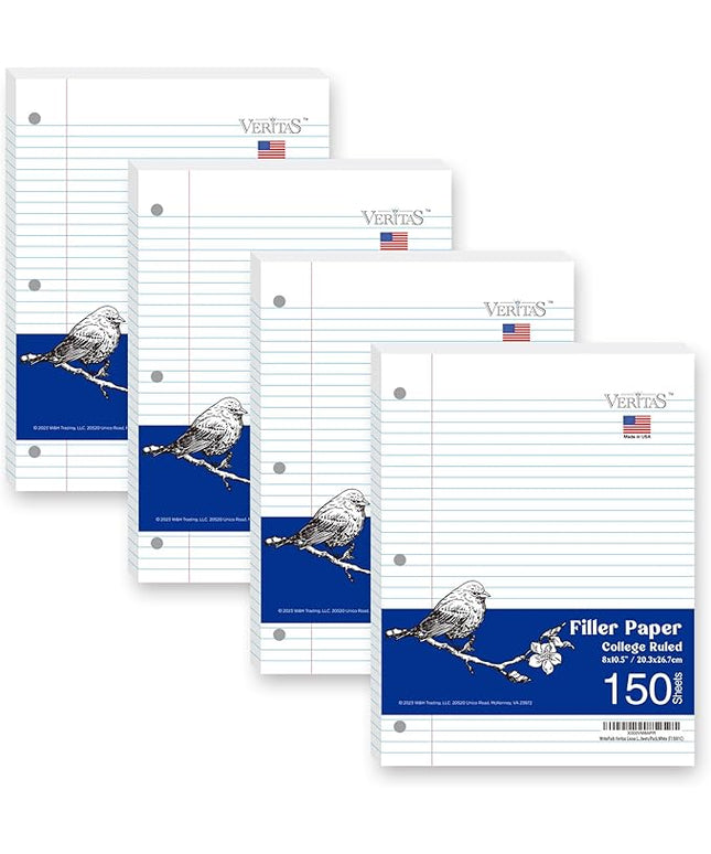 WritePads Notebook Paper College Ruled Loose Leaf Paper, Standard 8"x10-1/2",3 Hole Punched Binder Paper For 3 Ring Binder,150 Sheets/Pack, 4 Pack, White, MADE IN USA