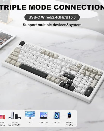 Wireless Game Mechanical Keyboard BT5.0/2.4GHz/USB, Multi-Color LED with 18+ Modes, Hot-Swappable Custom Keyboard, Red Creamy Switches, Gaming Keyboard for PC/Mac (Black White)
