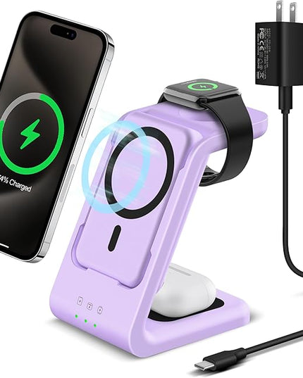 3 in 1 Wireless Charging Station: 5000mAh Removable Power Bank Charger Stand for Phone/Watch/Air Pods - Portable Magnetic Battery Pack for Air 17 16 15 14 13 12 Series Purple