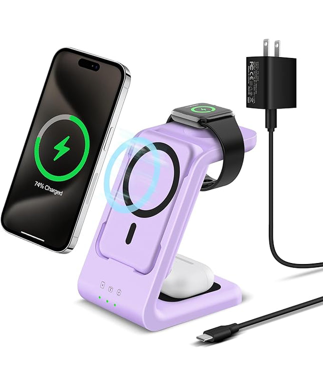 3 in 1 Wireless Charging Station: 5000mAh Removable Power Bank Charger Stand for Phone/Watch/Air Pods - Portable Magnetic Battery Pack for Air 17 16 15 14 13 12 Series Purple