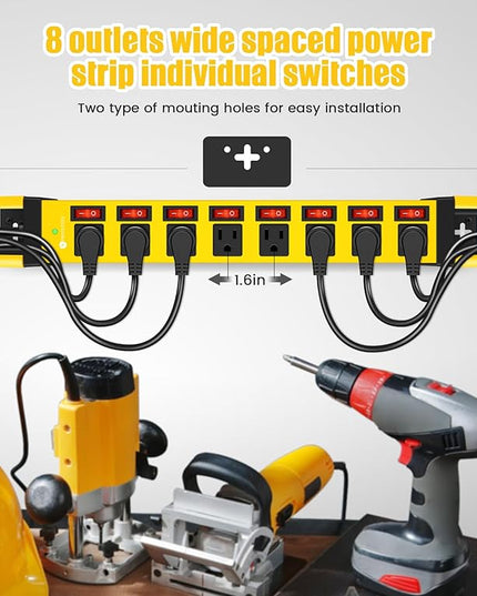 Heavy Duty Power Strip with Individual Switches,8 Outlets 14 Gauge Industrial Shop Garage Metal Multiple Outlets,1200J Surge Protector Mountable Power Strip,6FT Extension Cord Management(Yellow)