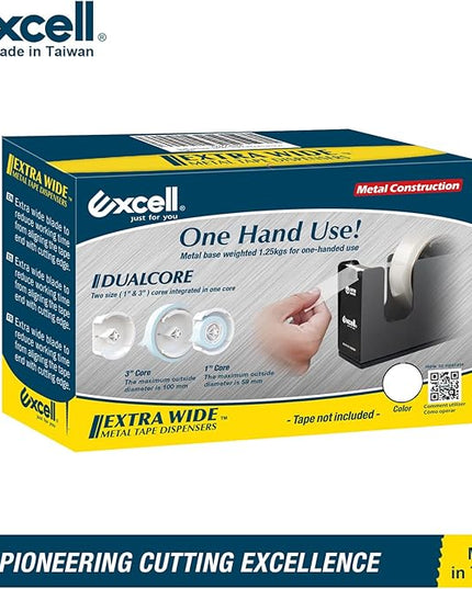 Excell EX-11125BK Dualcore Desktop Tape Dispenser (1"+3" Core) with Sturdy Metal Base, Tape Dispenser Desk for Home, Office, Shop, Retail Store and Warehouse Wrapping