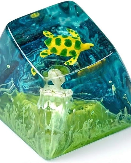 Sea Turtle Artisan Keycap Navy Blue Ocean Coral R1 SA Profile Custom Sea Creatures Keycaps 1U ESC Handmade Gaming Resin Key Cap Cherry MX Switch Compatible Mechanical Keyboard Turtle Lover Gift