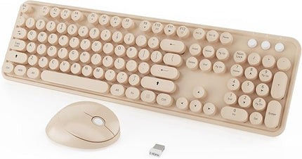 Wireless Keyboard,KOOTOP Cute Colorful 104 Keys Typewriter Retro Round Keycaps Keyboard for PC Laptop,Desktop,Windows, Home and Office Keyboards, s500 coffee