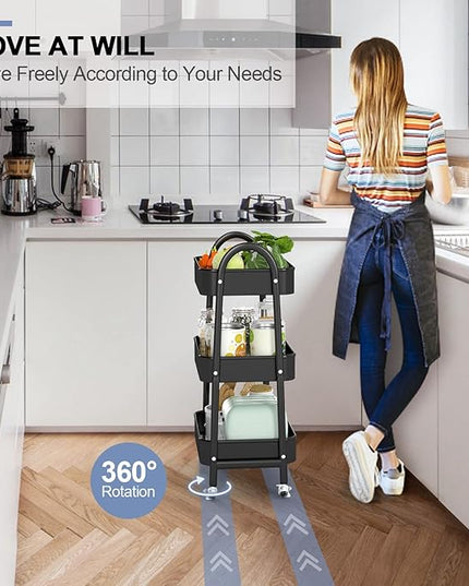EAGMAK 3 Tier Utility Rolling Cart, Metal Storage Cart with Handle and Lockable Wheels, Multifunctional Storage Organizer Trolley with Mesh Baskets for Kitchen, Living Room, Office, Garage (Black)