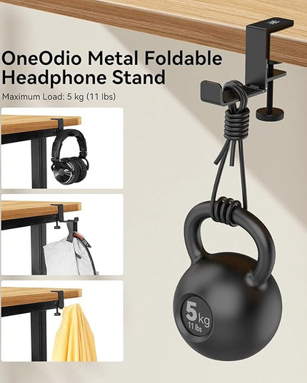 OneOdio MTL99 Foldable Headphone Stand, Metal Headset Holder Space-Saving Table Hook, Clamp-on Under Desk Hanger, Universal Fit Gaming Headphones Mount, Black