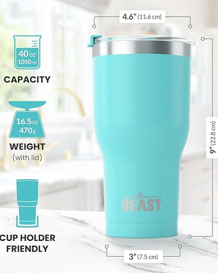 Beast 40 oz Tumbler Stainless Steel Vacuum Insulated Coffee Ice Cup Double Wall Travel Flask (Aquamarine Blue)