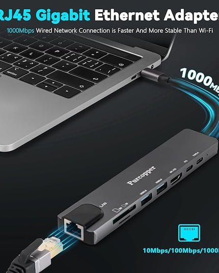 8 in 1 USB C Hub Ethernet Adapter with 4K HDMI, PD100W Charging, Gigabit Ethernet, SD/TF Card Reader,2X USB 3.0 Port, USB-C Data Port, Docking Station Compatible for MacBook, Tablet and Type C Devices