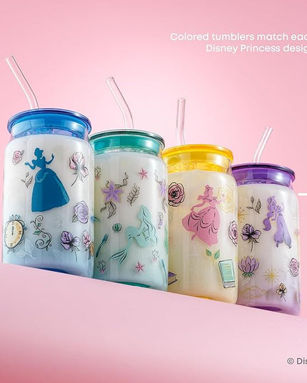 JoyJolt Disney Princess Icon Glass Tumblers with Lids and Straws, 16oz Glass Cups with Lids and Straws ft Princess Jasmine Ariel Cinderella Belle, 4pc Can Shaped Drinking Glasses, Iced Coffee Cups