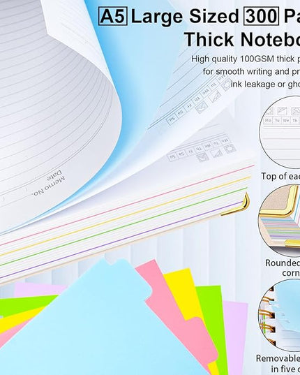 Hardcover Spiral Notebook 5.7"x 8.2" Journal Notebook with Tabs and Removable Dividers 300 Pages 5 Subject Notebook College Ruled, Faux Leather Spiral Bound Notebook for Women School Work(White)