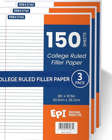 EPI Filler Paper | College Ruled | Loose Leaf, 3-Hole Punched, 10.5 x 8 in, 150 Sheets | School, Office, Notes, Binder Refill - 3 Pack