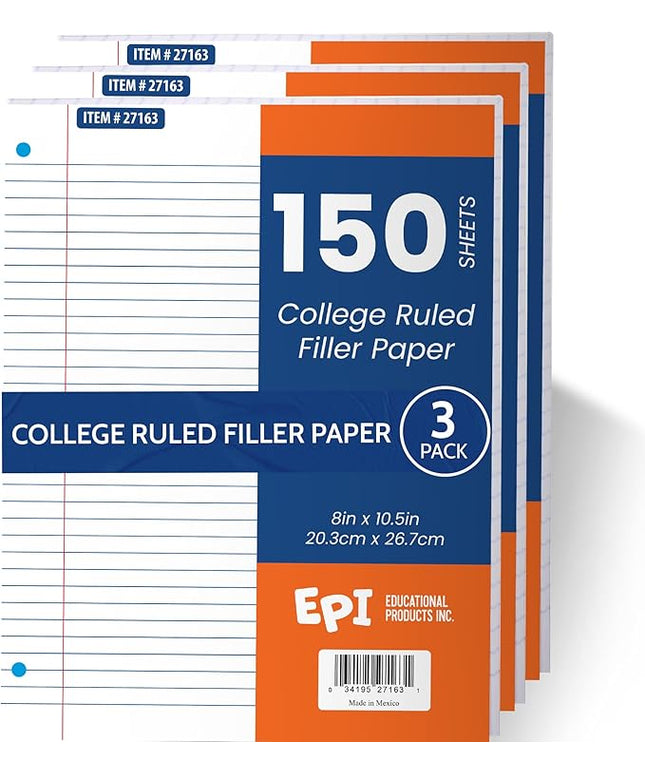 EPI Filler Paper | College Ruled | Loose Leaf, 3-Hole Punched, 10.5 x 8 in, 150 Sheets | School, Office, Notes, Binder Refill - 3 Pack