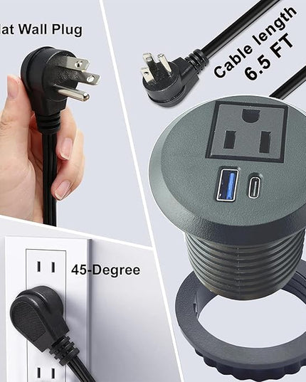 Desktop Power Outlet,2-inch Built in Power Strip,Slim Flat Plug Power Outlet,1 USB and 1 Type-C,20W PD Fast Charging,Home,Desk,6.5 Ft Cable (Black)