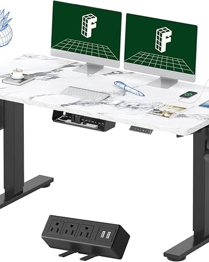FLEXISPOT EN2 Whole-Piece Standing Desk with Clamp Power Strip, 55 x 28 Electric Stand Up Height Adjustable Desk with Cable Management (Black Frame + 55" Marble Grey Top, 2 Packages)