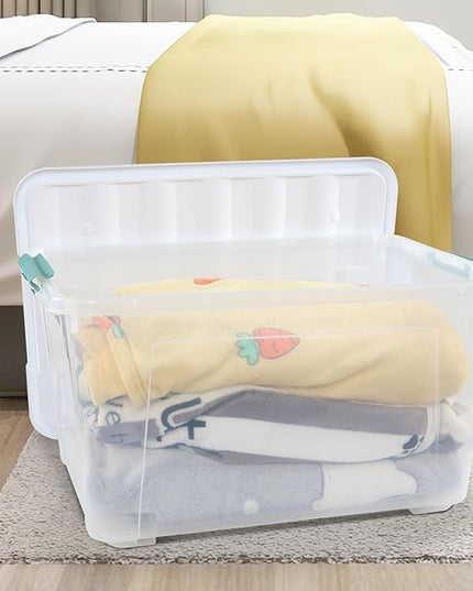 85 L Clear Latch Storage Bin with Lid and Wheels, Stackable Plastic Storage Boxs, 4 Packs