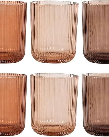 Drinking Glasses, Melanin Colored Highball Glasses Set of 6, Ribbed Glassware Glass Cups, Water Glasses for Juice, Iced Coffee Cups, Cocktail Glasses - Christmas Gifts - 8.5 oz