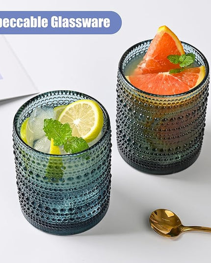 Vintage Glassware Drinking Glasses Set of 6,12 oz Hobnail Glass Cups,Embossed Blue Water Tumbler,for Beer,Cocktail,Whiskey,Juice and Various Mixed Drinks- 1 Cleaning Brush