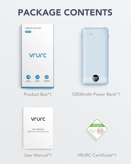 VRURC Portable Charger Built-in Cables and AC Wall Plug, USB C Power Bank 10000mAh, Travel Essentials Phone Charger Compact Lightweight External Battery Pack for Smart Phones, Tablets etc-Blue