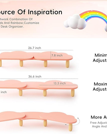 Dual Monitor Stand Riser, Adjustable Rainbow Cloud Desktop Organizer for 2 Monitors, Flexible Length & Angle Computer Stand for Laptop, PC, Printer, Home Office Use - Pink
