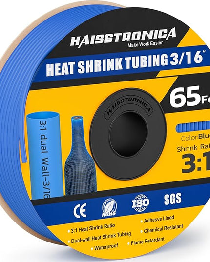 haisstronica 3:1 Heat Shrink Tubing, Shrink Ratio Adhesive Lined Marine Grade Heat Shrink Tube for Home, Automotive and Industrial (Blue) 65FT 3/16inch