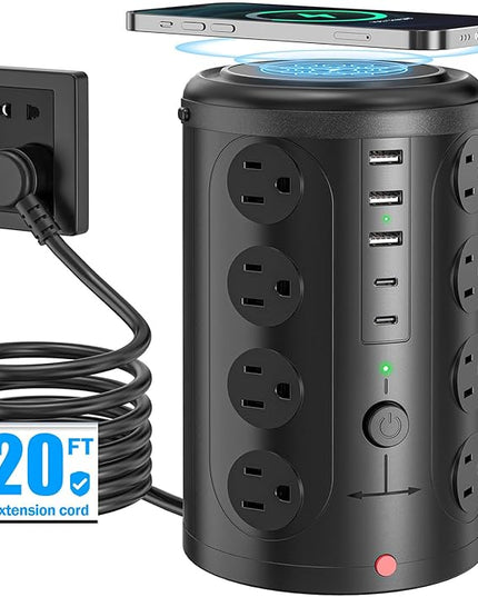 Tower Power Strip with 15W Wireless Charger, 20FT Extension Cord, 16 AC Outlets & 5 USB Ports (2 USB C) - Surge Protector for Office, Home, Dorm Room (Black)