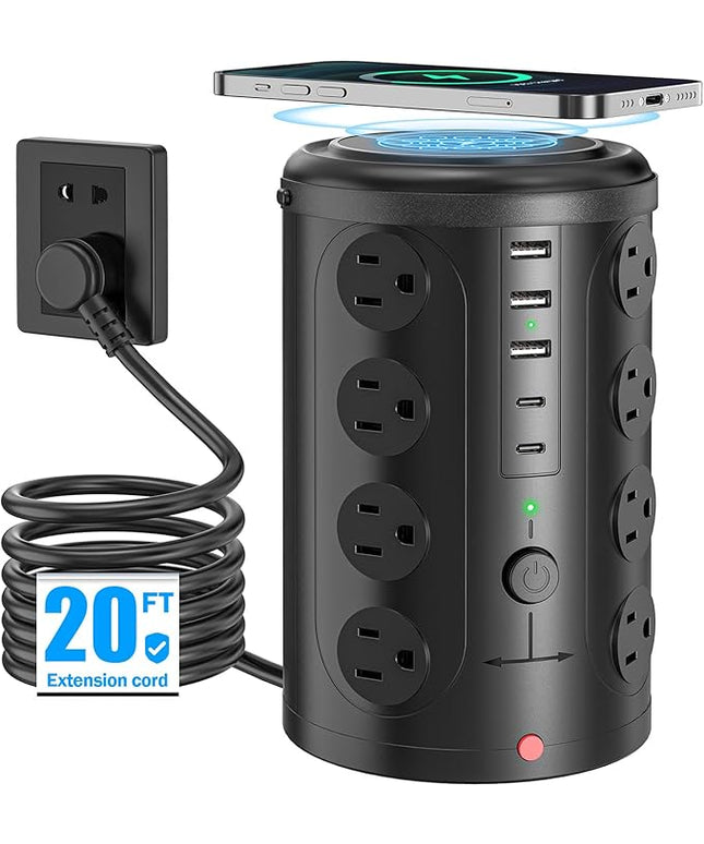 Tower Power Strip with 15W Wireless Charger, 20FT Extension Cord, 16 AC Outlets & 5 USB Ports (2 USB C) - Surge Protector for Office, Home, Dorm Room (Black)
