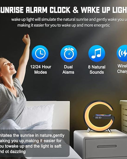 Smart LED Table Lamp, 5-in-1 Night Light Fast Wireless Charging Station, 256 Lights Mode Dimmable Bedside Lamp, Bluetooth Speaker & App Control for Bedroom, Home Decor, Alarm Clock for Festival Gifts