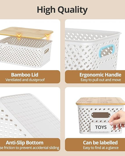 Plastic Storage Bins with Bamboo Lids, Stackable Small Box Baskets for Organizing and Containers for Shelves Drawers Desktop Closet Pantry Classroom Office Home, 6 Pack 10.2x7.2x4.1 Inch, White