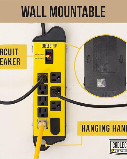 Heavy Duty Power Strip Surge Protector 8 Outlets with 6 ft Long Extension Cord 14 AWG, 15 Amp Metal Power Strip with 1350 Joules Surge for Workshop - ETL Listed