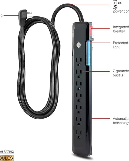GE 7 Outlet Surge Protector, 4 Ft Power Cord, 1080 Joules, Flat Plug, Power Filter, Circuit Breaker, Warranty, UL Listed, Black, 34460