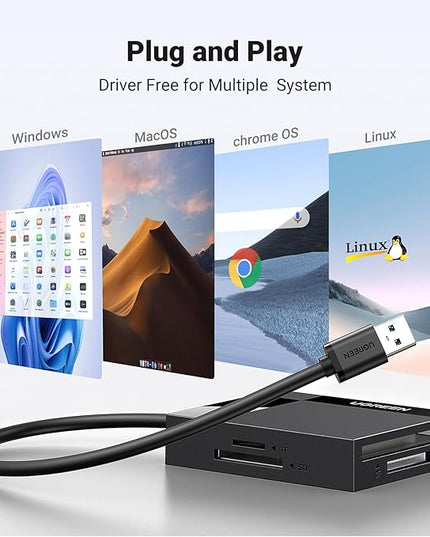 UGREEN SD Card Reader USB 3.0 Card Hub Adapter 5Gbps Read 4 Cards Simultaneously CF, CFI, TF, SDXC, SDHC, SD, MMC, Micro SDXC, Micro SD, Micro SDHC, MS, UHS-I (Black)