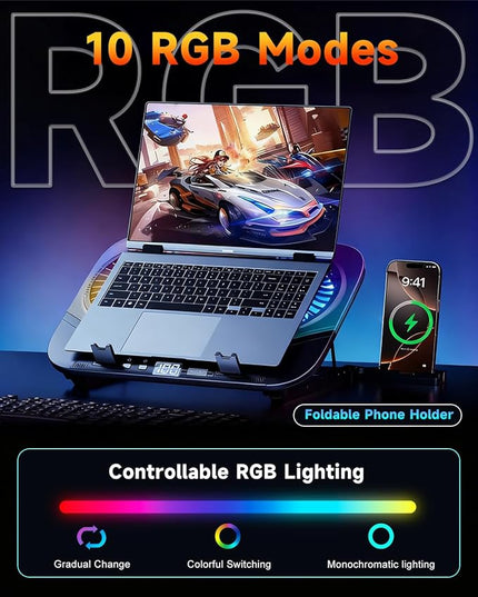 2026 Upgraded Laptop Cooling Pad with Dual TEC Cooler, Gaming Laptop Cooler, 2 Powerful Turbo Fans, Fast Cooling Laptop 12-21in, 5 Height Stands, 100 Gear Speed Adjust, LCD Screen, RGB, Phone Holder
