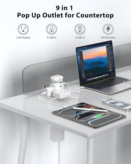 Pop Up Countertop Outlet with 2 PD 45W USB C Charging Station, 3.15 in Hole Electrical Power Outlets Insert in 4 Plugs 4 USB Ports 15W Wireless Charger for Desktop Kitchen Countertop