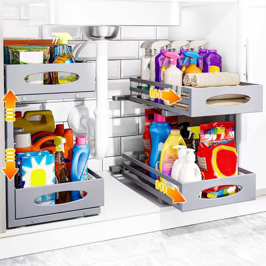 Under Sink Organizer, 2 Tier Under Sink Organizers and Storage, Adjustable Height, Slide out Metal Cabinet Organizers, Pull out Cabinet Storage Drawer Shelf for Kitchen Bathroom (Gray, 2 Pack)