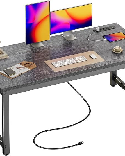 Huuger 55 x 24 inch Desk with Power Outlets & USB-C, Deeper & Thicker Desktop, Robust Metal Tubes, Computer Desk, Heavy Duty Office Desk, Work Gaming Desk for Home Office, Grey