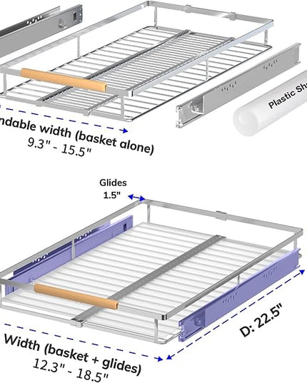 KIKIBRO Pull Out Drawer Cabinet Organizer, Expandable Slide Out Storage Shelves - Heavy Duty, Durable and Smooth Slide-Out, 12.3"~18.3" Wide x 22.5" Deep, 2 Pack
