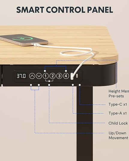 FLEXISPOT Comhar Electric Standing Desk with Drawer Desktop & Adjustable Frame w/USB Charge Ports (Bamboo-Look Laminate/Black, Wood)